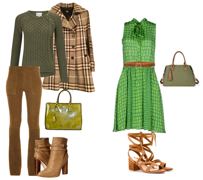 Сочетание коричневого и зеленого в одежде у женщин фото